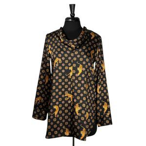 Zara Women's Blouse Black Geometric Tiger Print Baroque Cowl Neck Elegant Top S